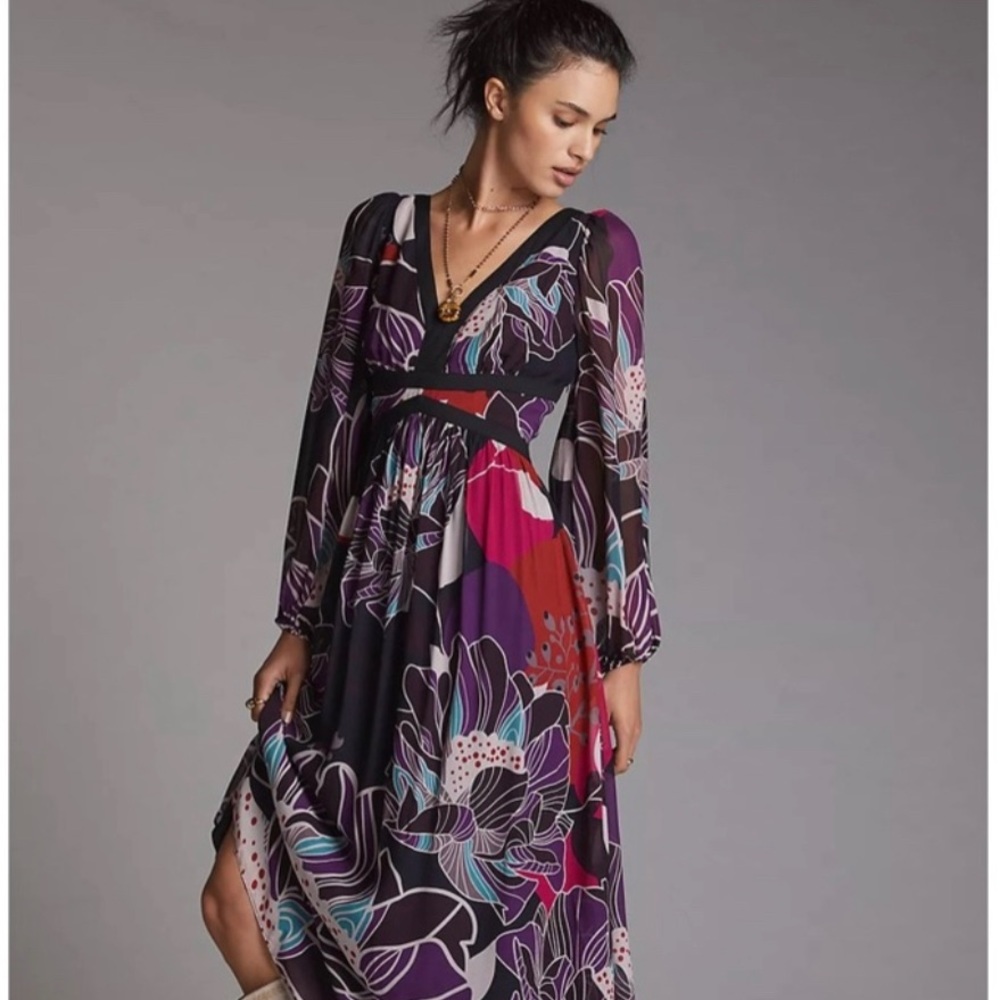 NEW Anthropologie Let Me Be Floral Midi Dress Black V-Neck Sheer Long Sleeve
